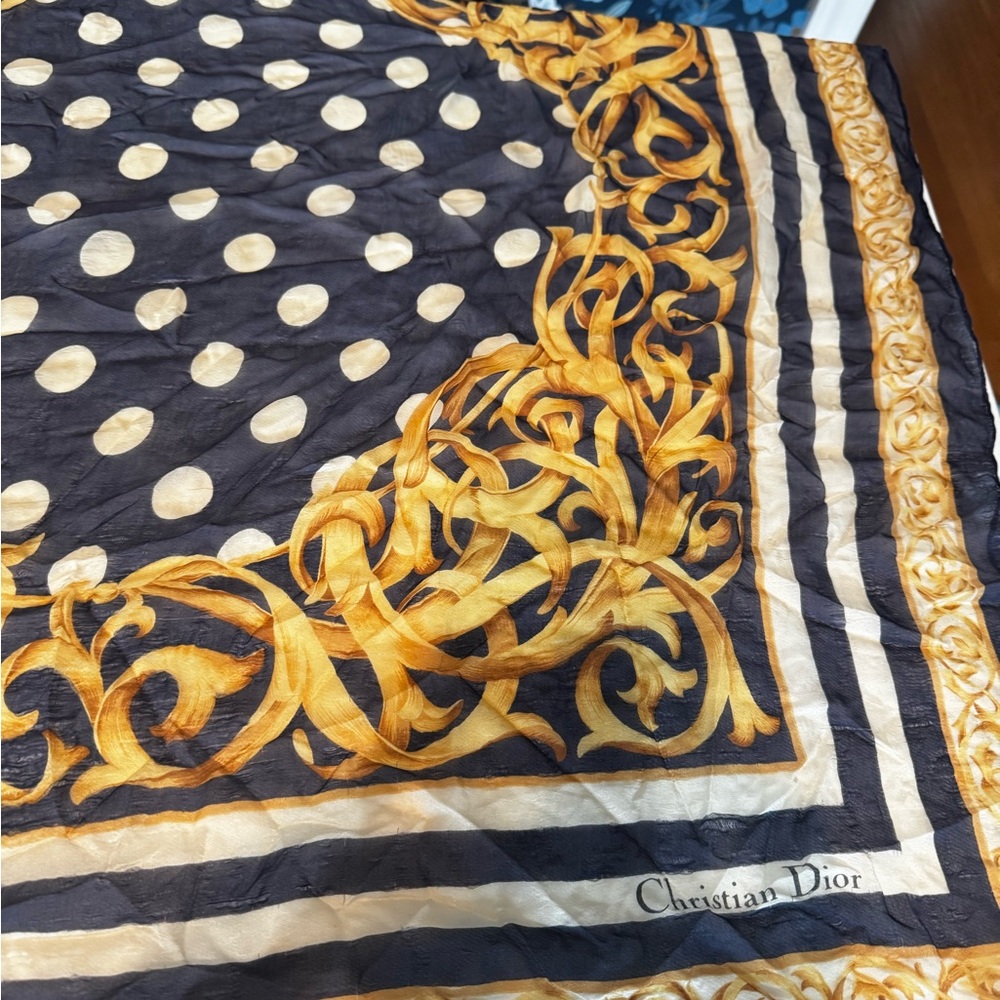VINTAGE Christian Dior Silk Scarf 32" Baroque Polka Dot Stripe Navy Gold Blue - Picture 5 of 9